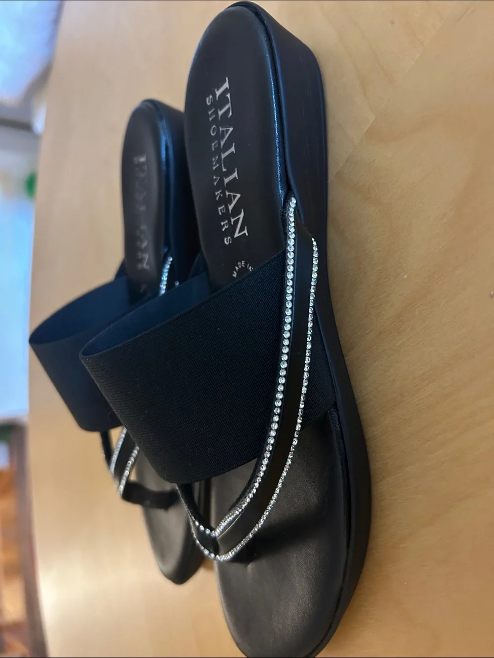 Italian Shoemakers Black Slide Sandals with Rhinestone Trim